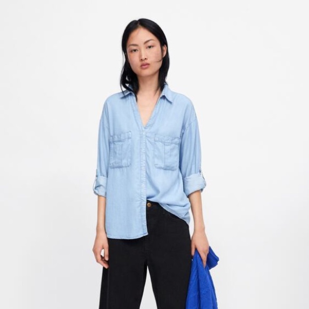 ZARA Denim Tencel JOIN LIFE Pocket Shirit sz Small